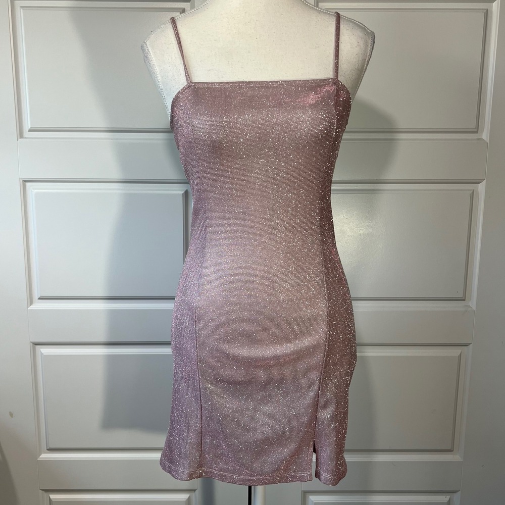 H&M Divided Pink Glitter Mini Dress Sleeveless Square Neck Bodycon Party XS